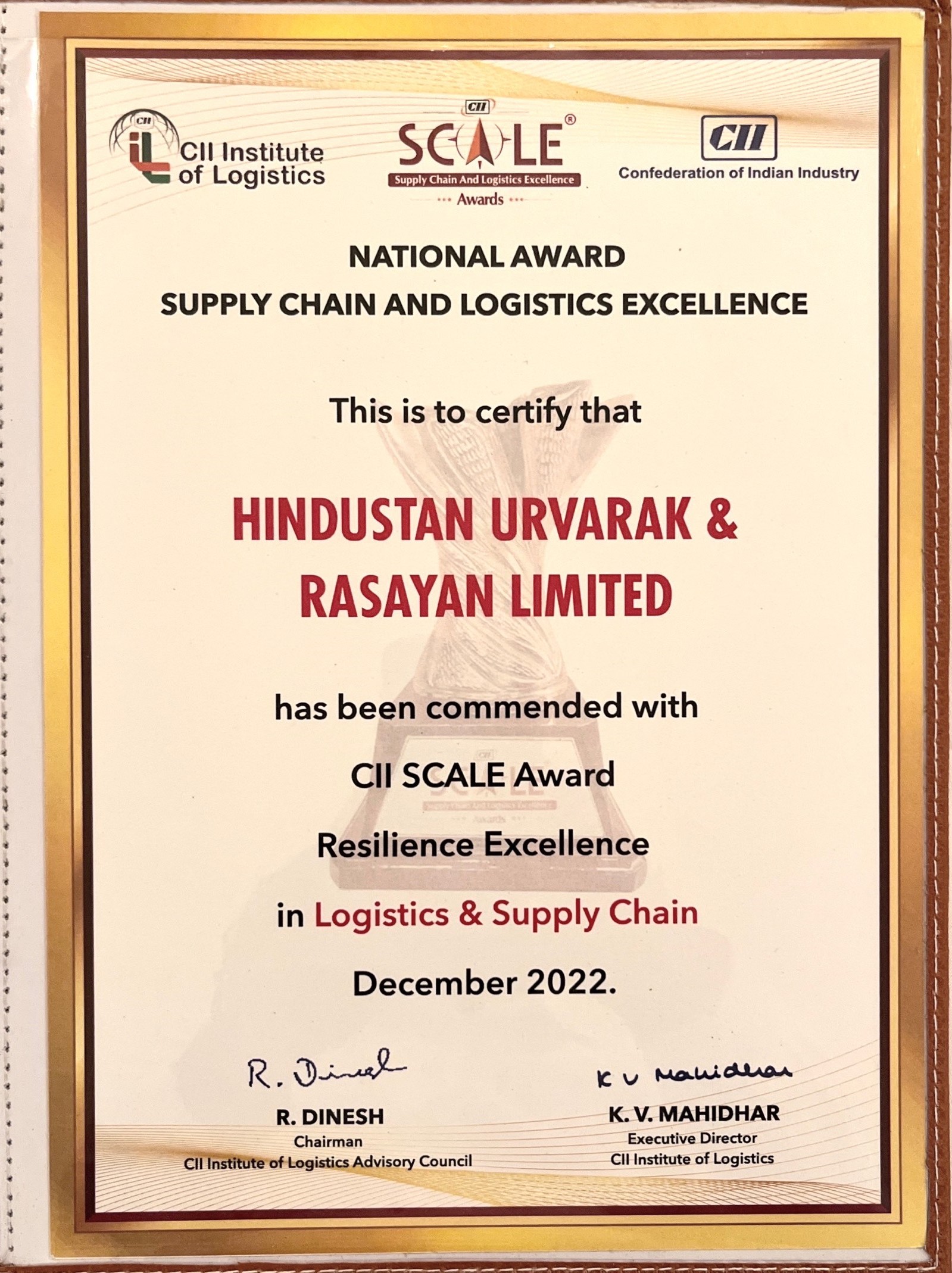 HURL won awards in Two categories – "Supply Chain and Logistics Excellence (SCALE)" in "chemical and fertiliser category" & "Resilience Excellence" in "Supply Chain Category"